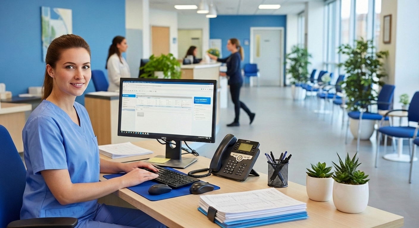 Medical assistant working at a front desk computer in a bright clinic reception area with patients and staff in the background.
