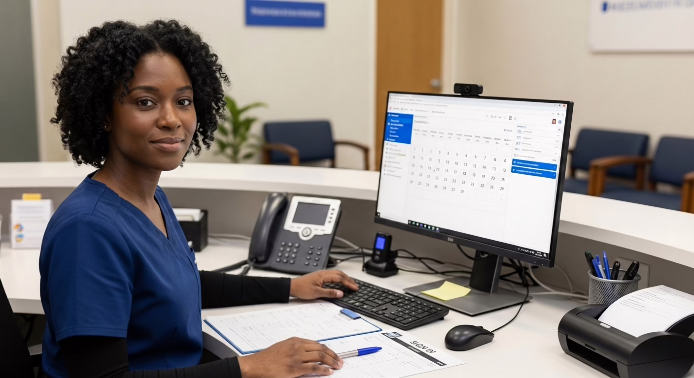 Medical administrative assistant reviewing paperwork while using a computer scheduling system at a clinic front desk.